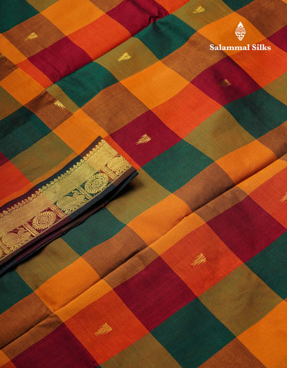 Beautiful Paalum Pazham Checks Semi Silk Cotton Saree With Contrast Bottle Green Blouse