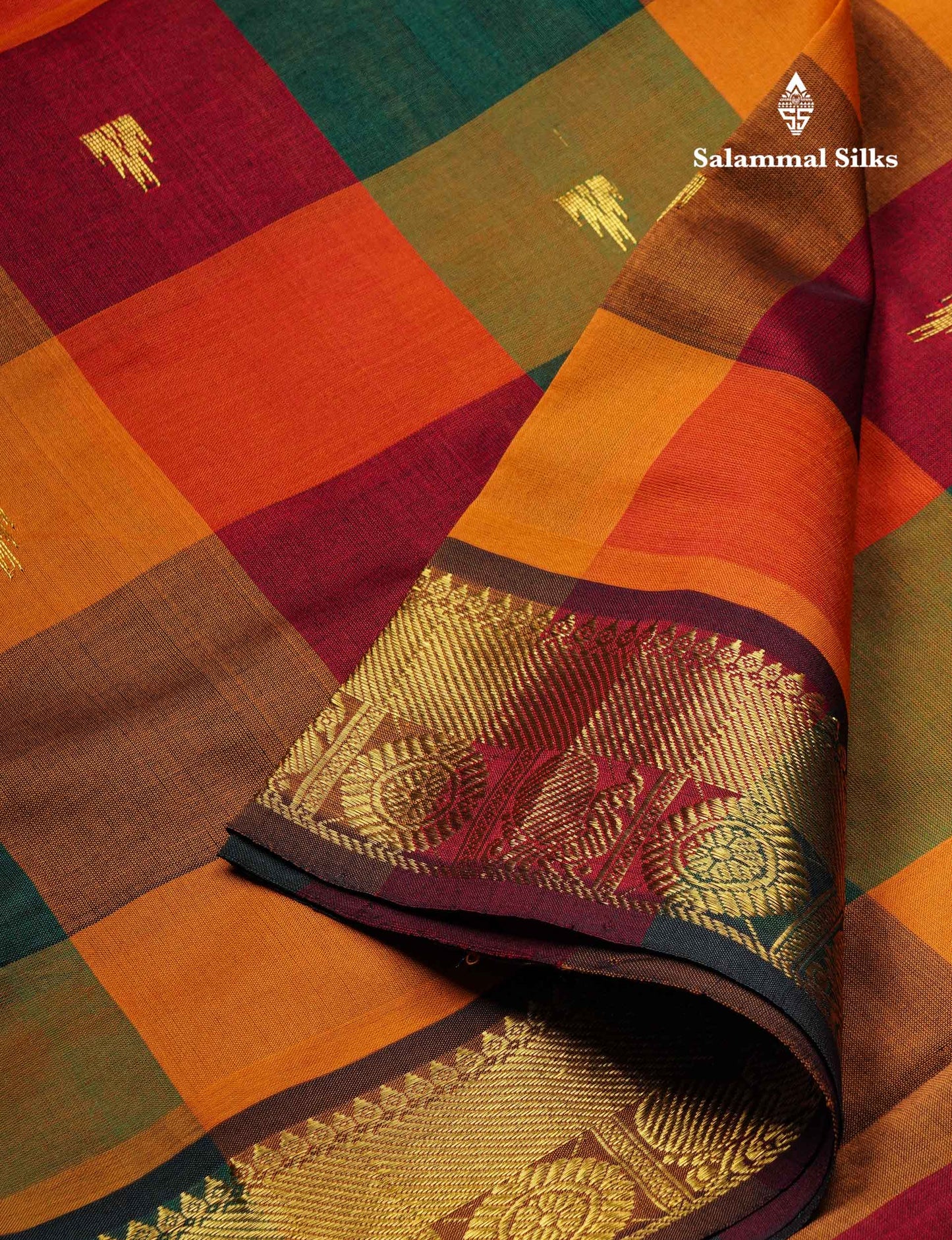 Beautiful Paalum Pazham Checks Semi Silk Cotton Saree With Contrast Bottle Green Blouse