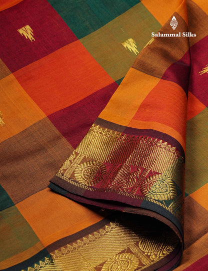 Beautiful Paalum Pazham Checks Semi Silk Cotton Saree With Contrast Bottle Green Blouse