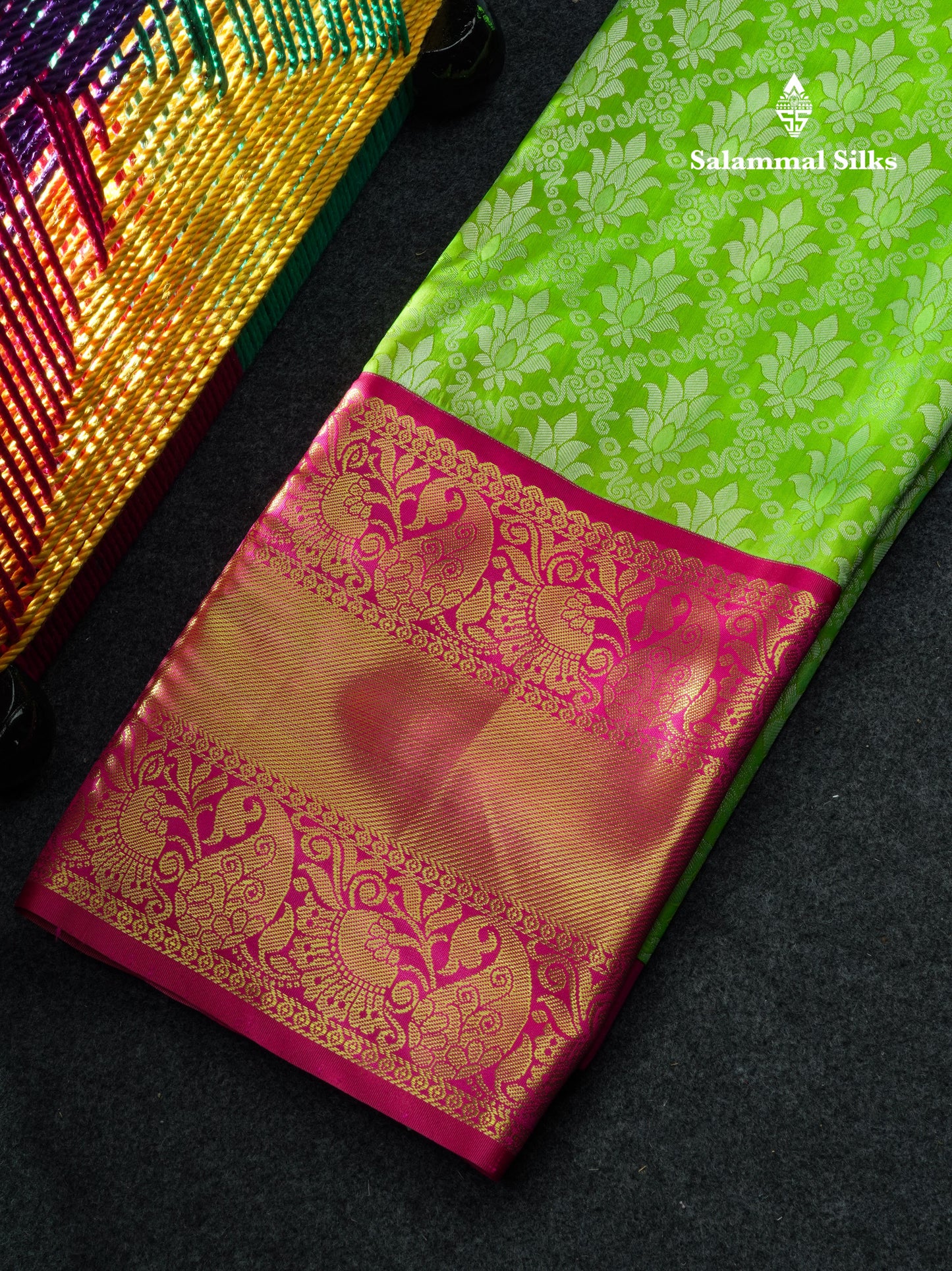 Semi Silk Pattu Pavadai ( Parrot Green ) With Pink Blouse  44"