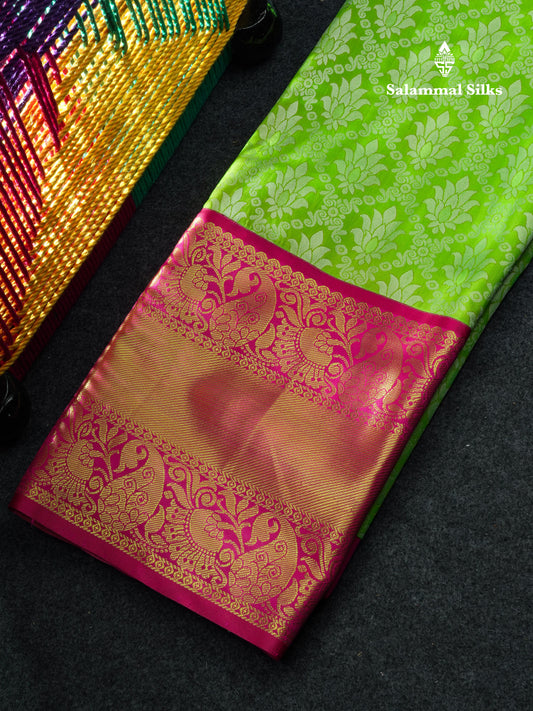 Semi Silk Pattu Pavadai ( Parrot Green ) With Pink Blouse  44"