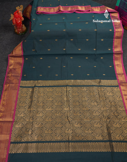 Beautiful Dual Tone Peacock Green Pure Cotton Saree With Contrast Magenta Traditional Border