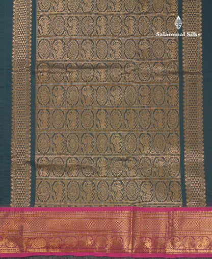 Beautiful Dual Tone Peacock Green Pure Cotton Saree With Contrast Magenta Traditional Border