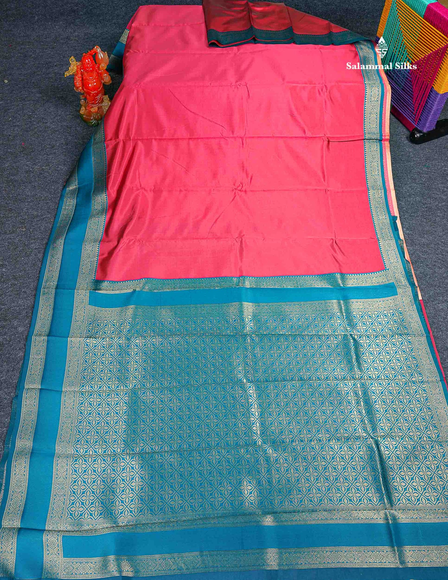 Semi Silk Saree -  Coral Pink Colour Body Plain With Contrast Ramar Blue Traditional Gap Border