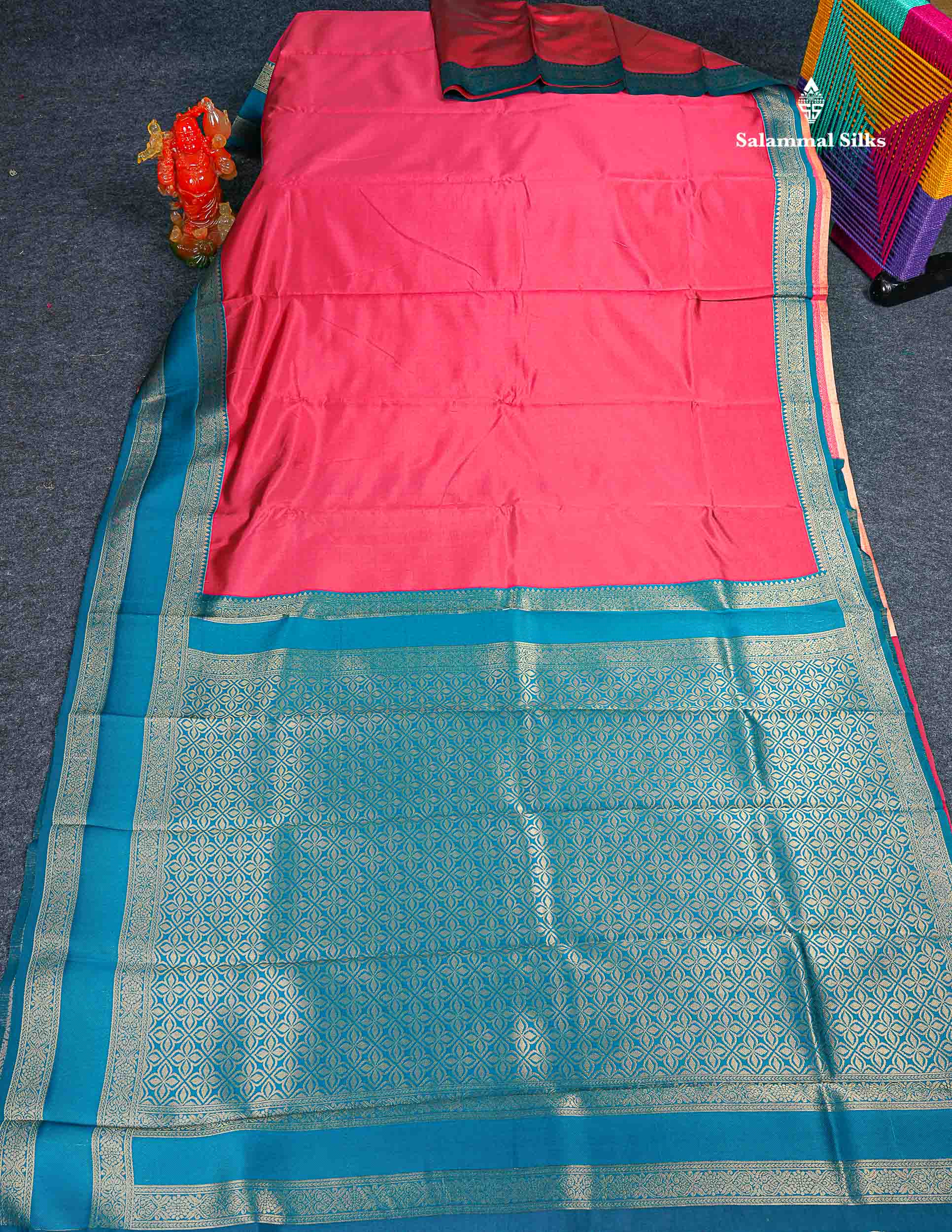 Semi Silk Saree -  Coral Pink Colour Body Plain With Contrast Ramar Blue Traditional Gap Border