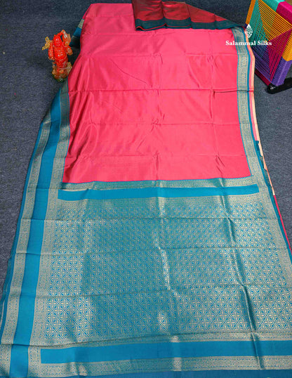 Semi Silk Saree -  Coral Pink Colour Body Plain With Contrast Ramar Blue Traditional Gap Border