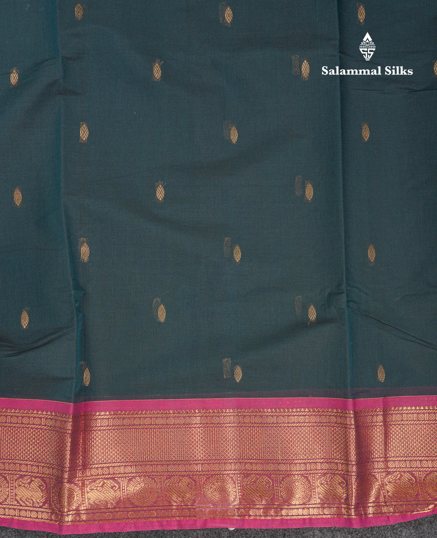Beautiful Dual Tone Peacock Green Pure Cotton Saree With Contrast Magenta Traditional Border