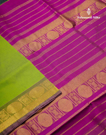 Parrot Green Plain Pure Silk Cotton Saree With Contrast Vadamalli Traditional Border