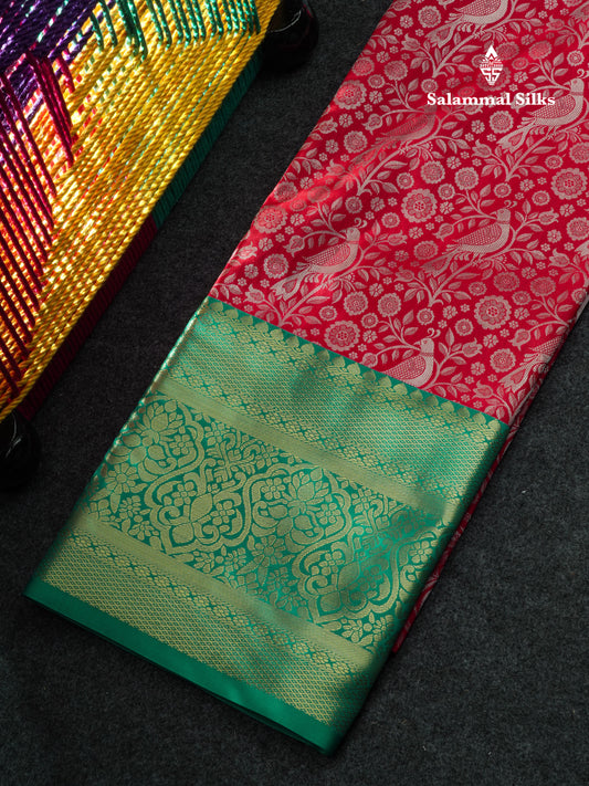 Semi Silk Pattu Pavadai (Tomato Red) With Peacock Green Blouse 44"