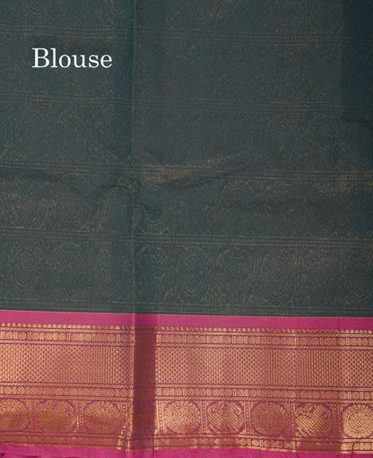 Beautiful Dual Tone Peacock Green Pure Cotton Saree With Contrast Magenta Traditional Border