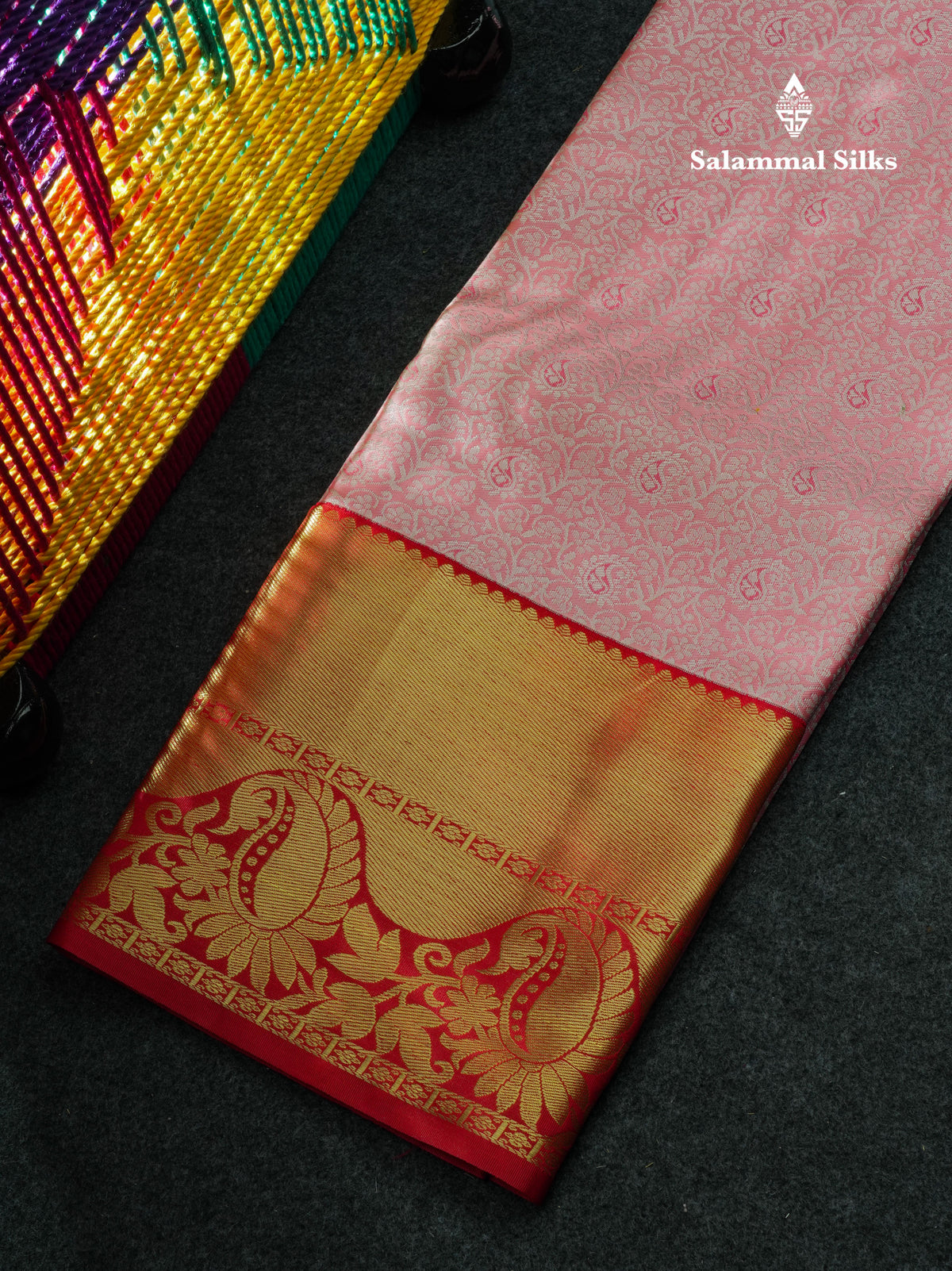 Semi Silk Pattu Pavadai (Peach Pink) With Red Blouse 44"