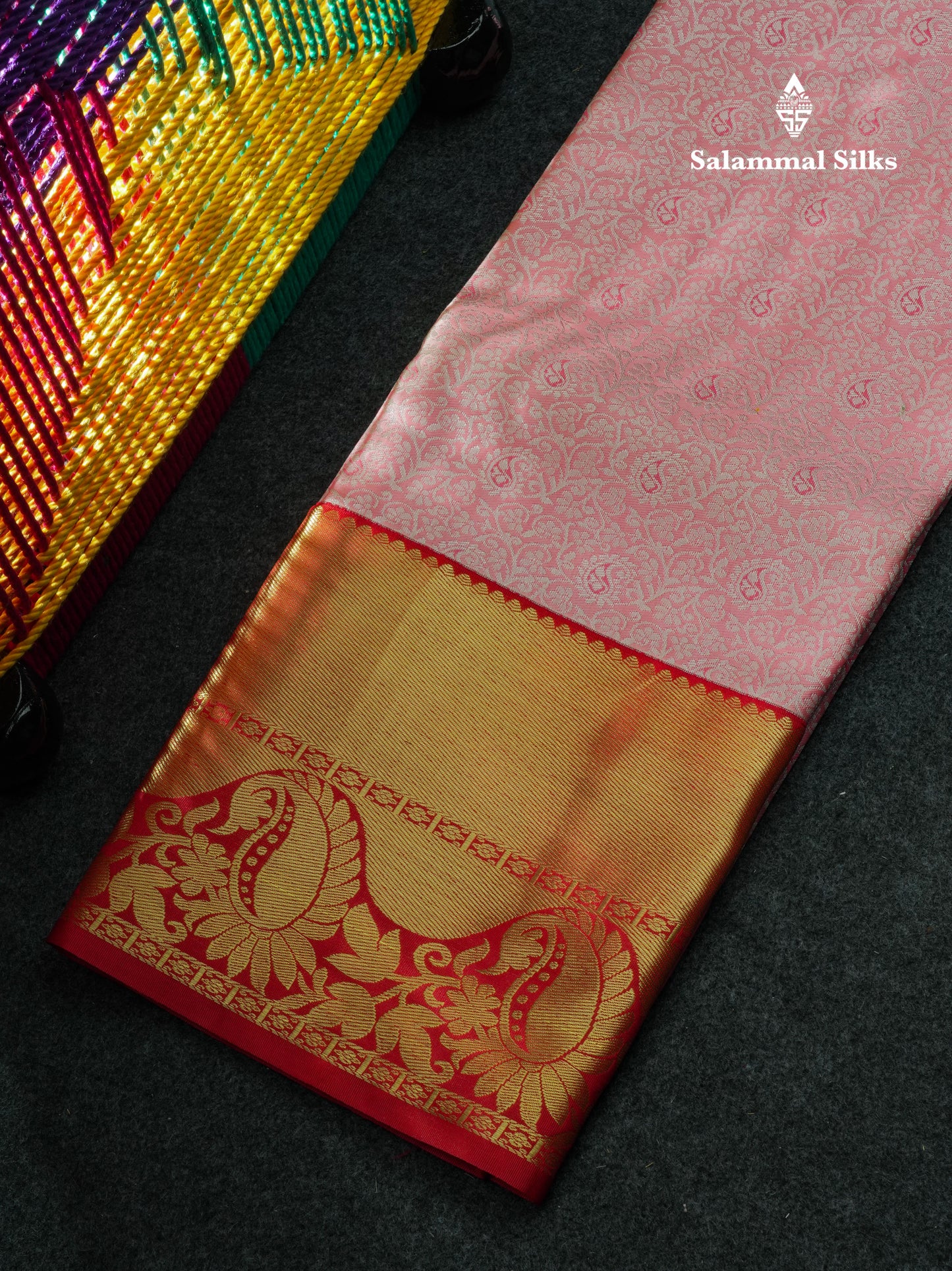 Semi Silk Pattu Pavadai (Peach Pink) With Red Blouse 44"