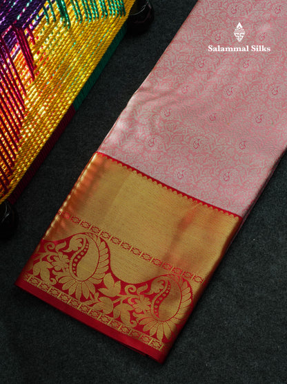 Semi Silk Pattu Pavadai (Peach Pink) With Red Blouse 44"