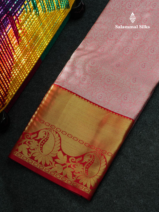 Semi Silk Pattu Pavadai (Peach Pink) With Red Blouse 44"