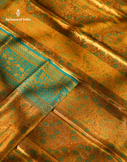 Beautiful Golden Yellow Tissue Bridal Pure Kanjivaram Silk Saree With Contrast Sapphire Green Fancy Border