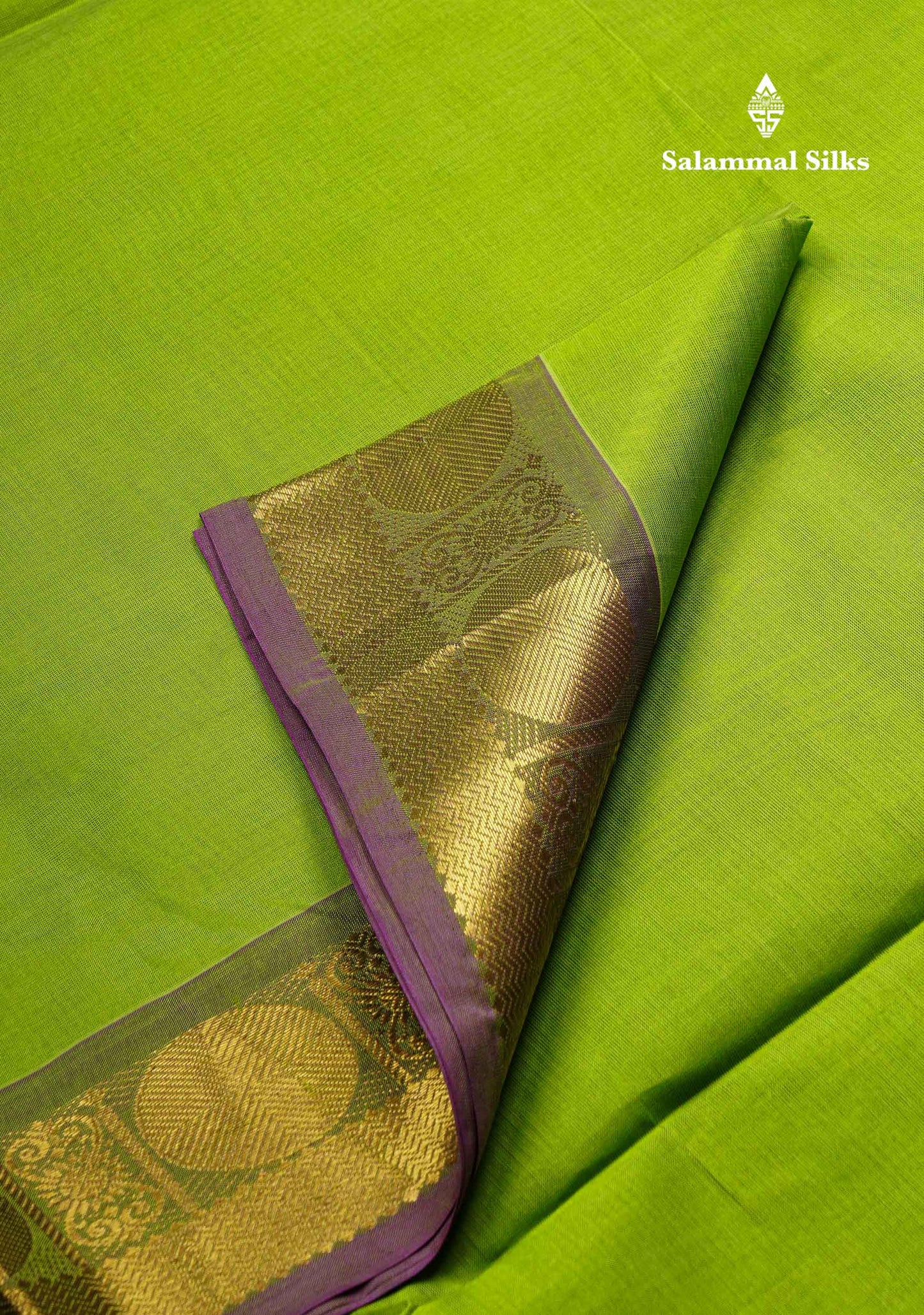Parrot Green Plain Pure Silk Cotton Saree With Contrast Vadamalli Traditional Border