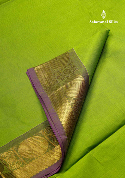 Parrot Green Plain Pure Silk Cotton Saree With Contrast Vadamalli Traditional Border
