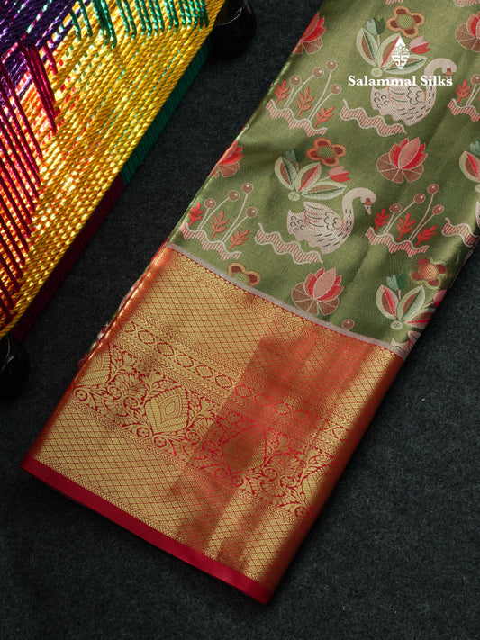 Semi Silk Pattu Pavadai Tissue (Army Green) With Red Blouse 44"