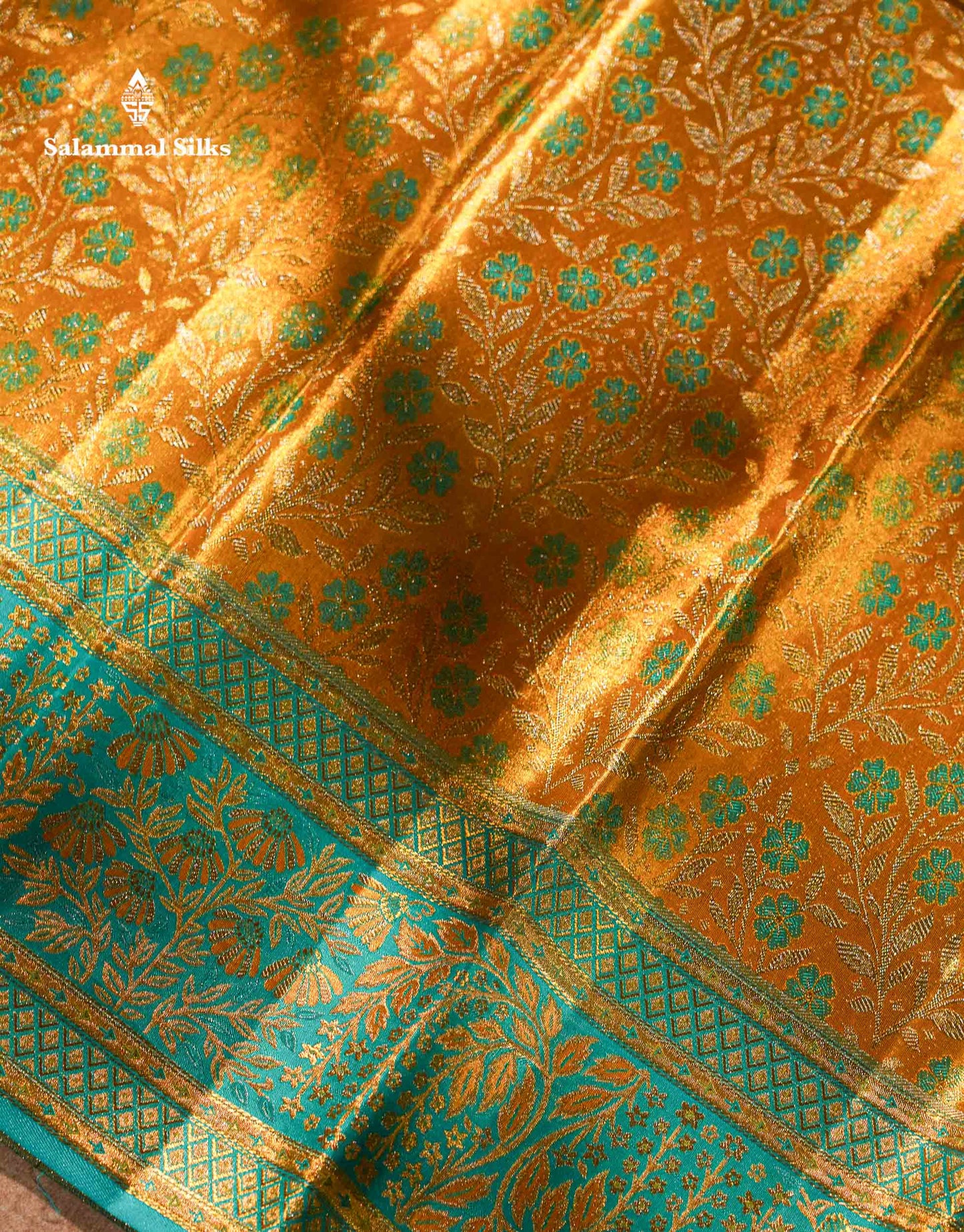 Beautiful Golden Yellow Tissue Bridal Pure Kanjivaram Silk Saree With Contrast Sapphire Green Fancy Border