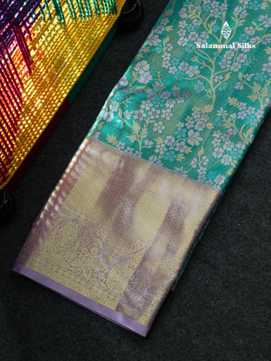 Semi Silk Pattu Pavadai Tissue (Sea Blue) With Lavender Blouse 44"