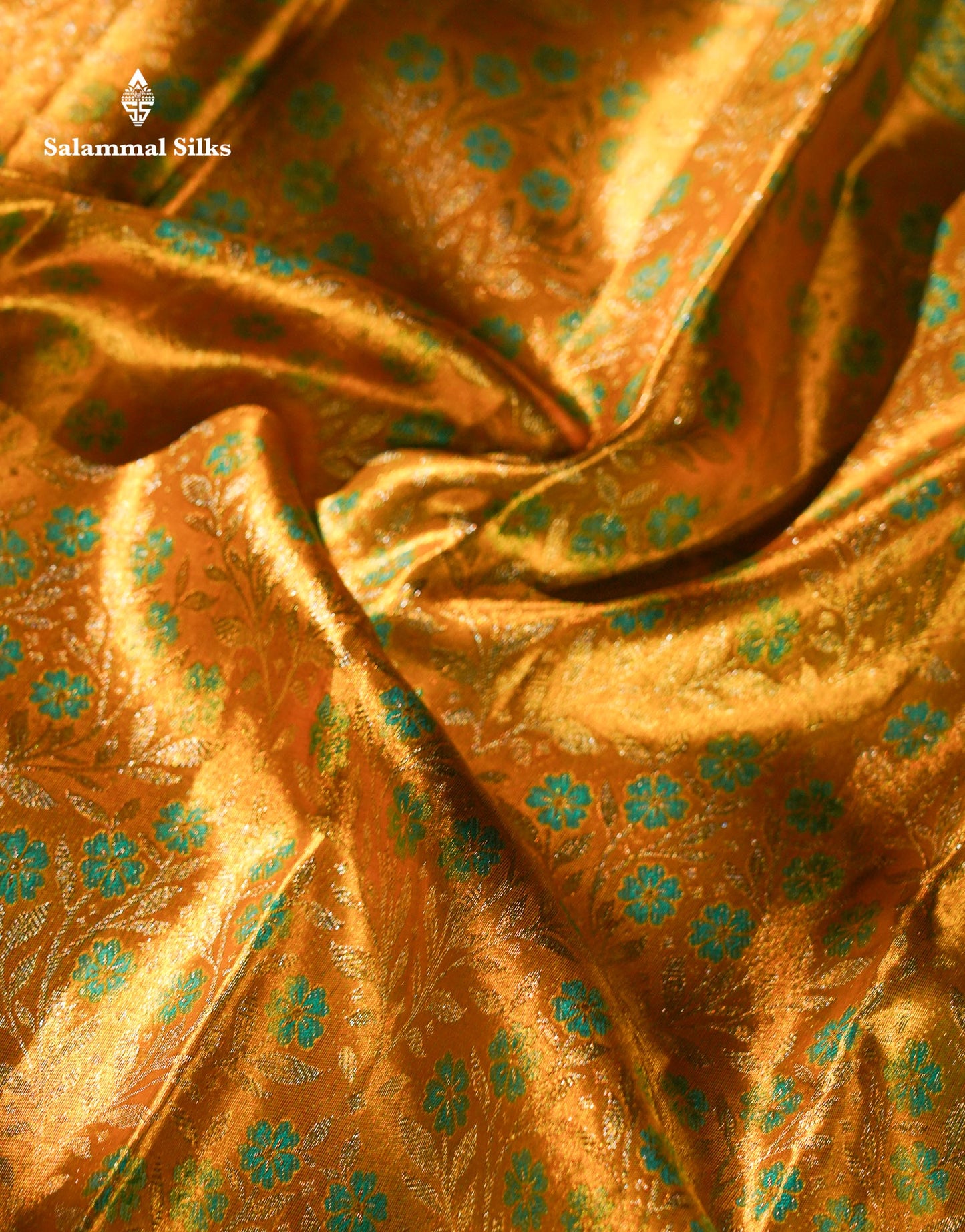 Beautiful Golden Yellow Tissue Bridal Pure Kanjivaram Silk Saree With Contrast Sapphire Green Fancy Border