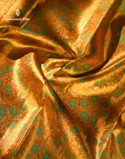 Beautiful Golden Yellow Tissue Bridal Pure Kanjivaram Silk Saree With Contrast Sapphire Green Fancy Border