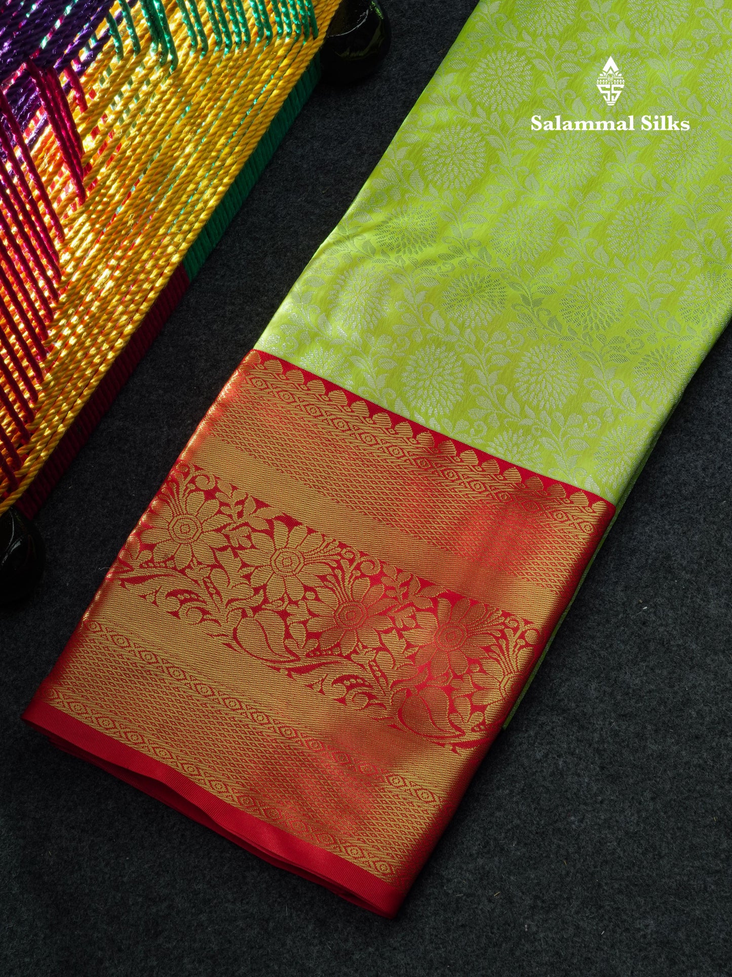 Semi Silk Pattu Pavadai ( Parrot Green ) With Red Blouse  44"
