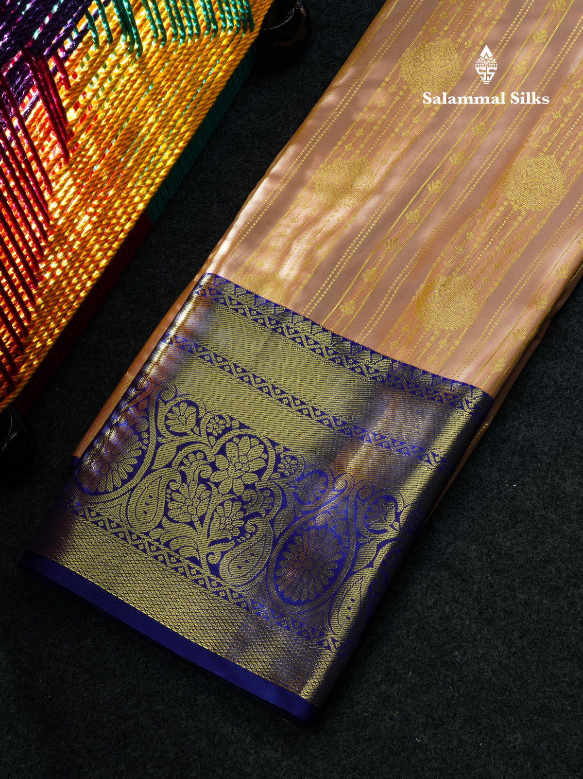 Semi Silk Pattu Pavadai Cream) With Navy Blue Blouse 44"