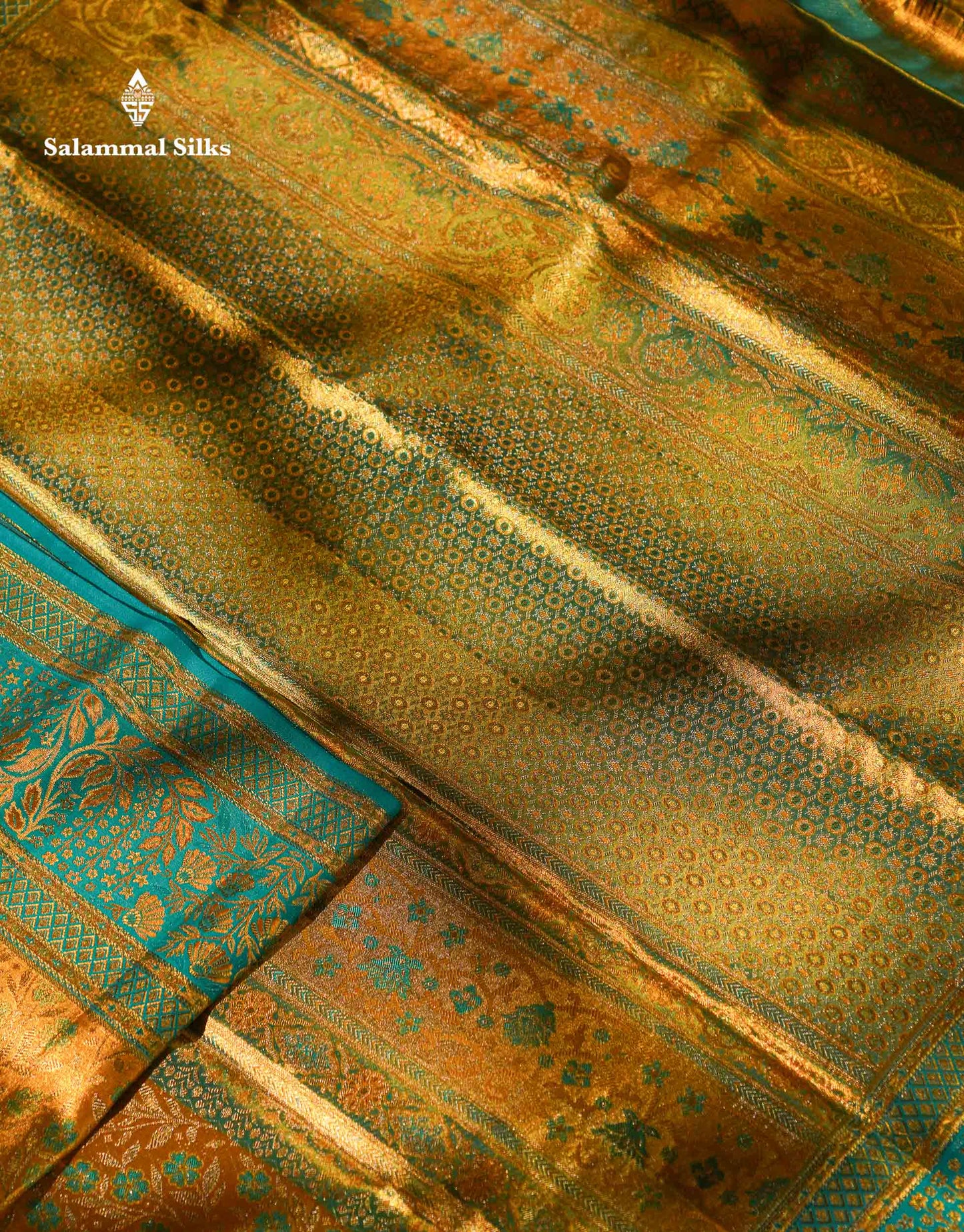 Beautiful Golden Yellow Tissue Bridal Pure Kanjivaram Silk Saree With Contrast Sapphire Green Fancy Border