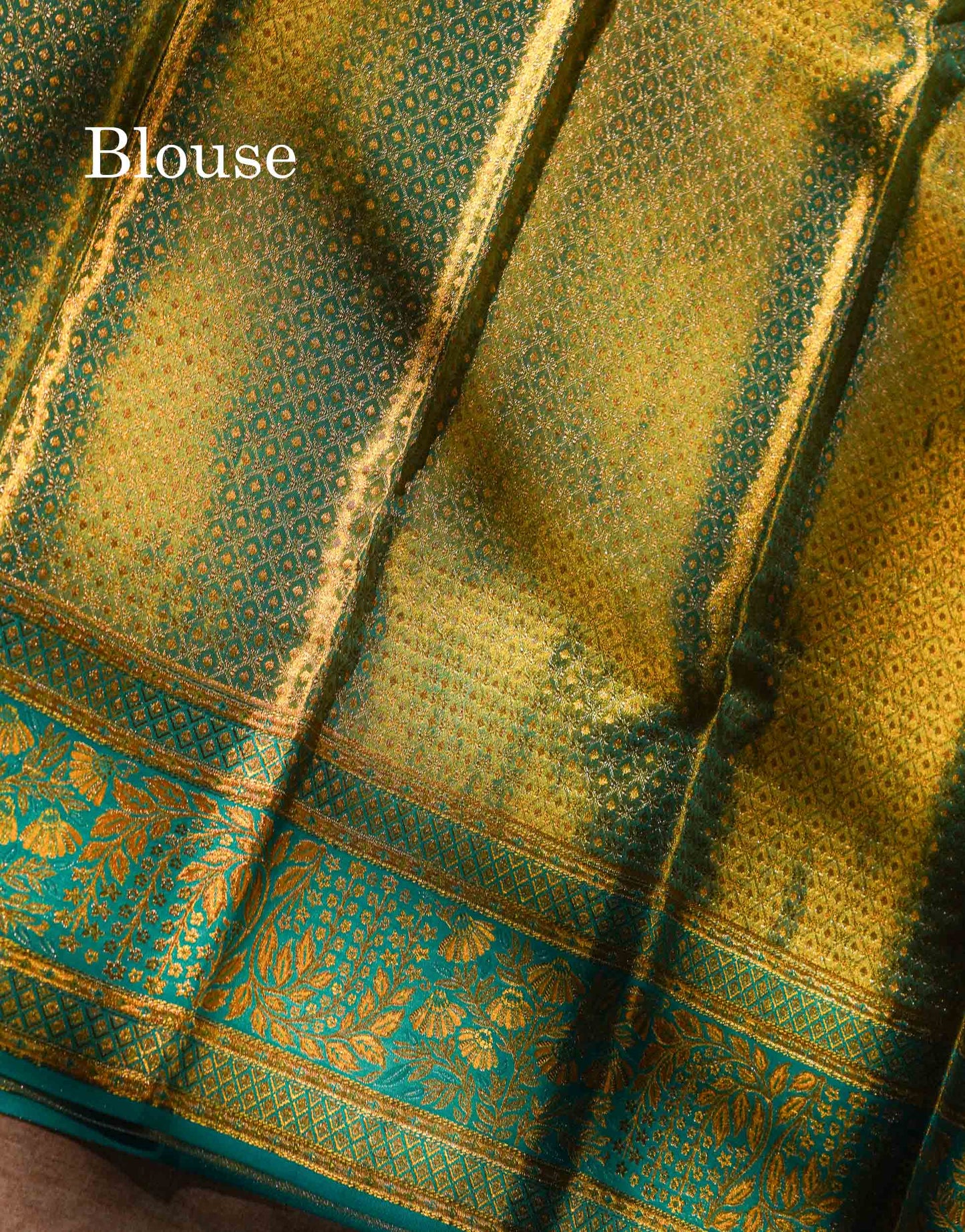 Beautiful Golden Yellow Tissue Bridal Pure Kanjivaram Silk Saree With Contrast Sapphire Green Fancy Border