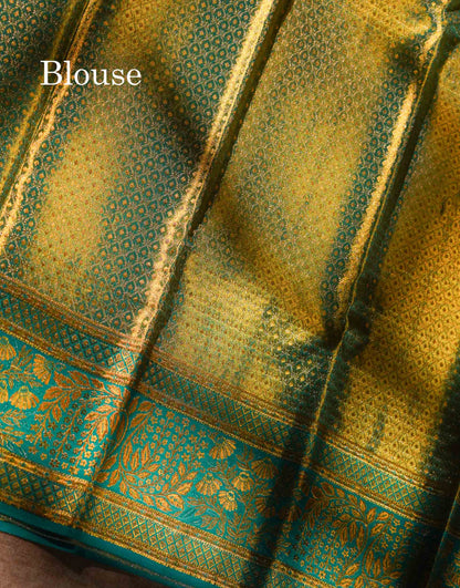 Beautiful Golden Yellow Tissue Bridal Pure Kanjivaram Silk Saree With Contrast Sapphire Green Fancy Border