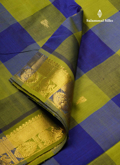 Beautiful Paalum Pazham Checks Semi Silk Cotton Saree With Contrast Olive Green Blouse