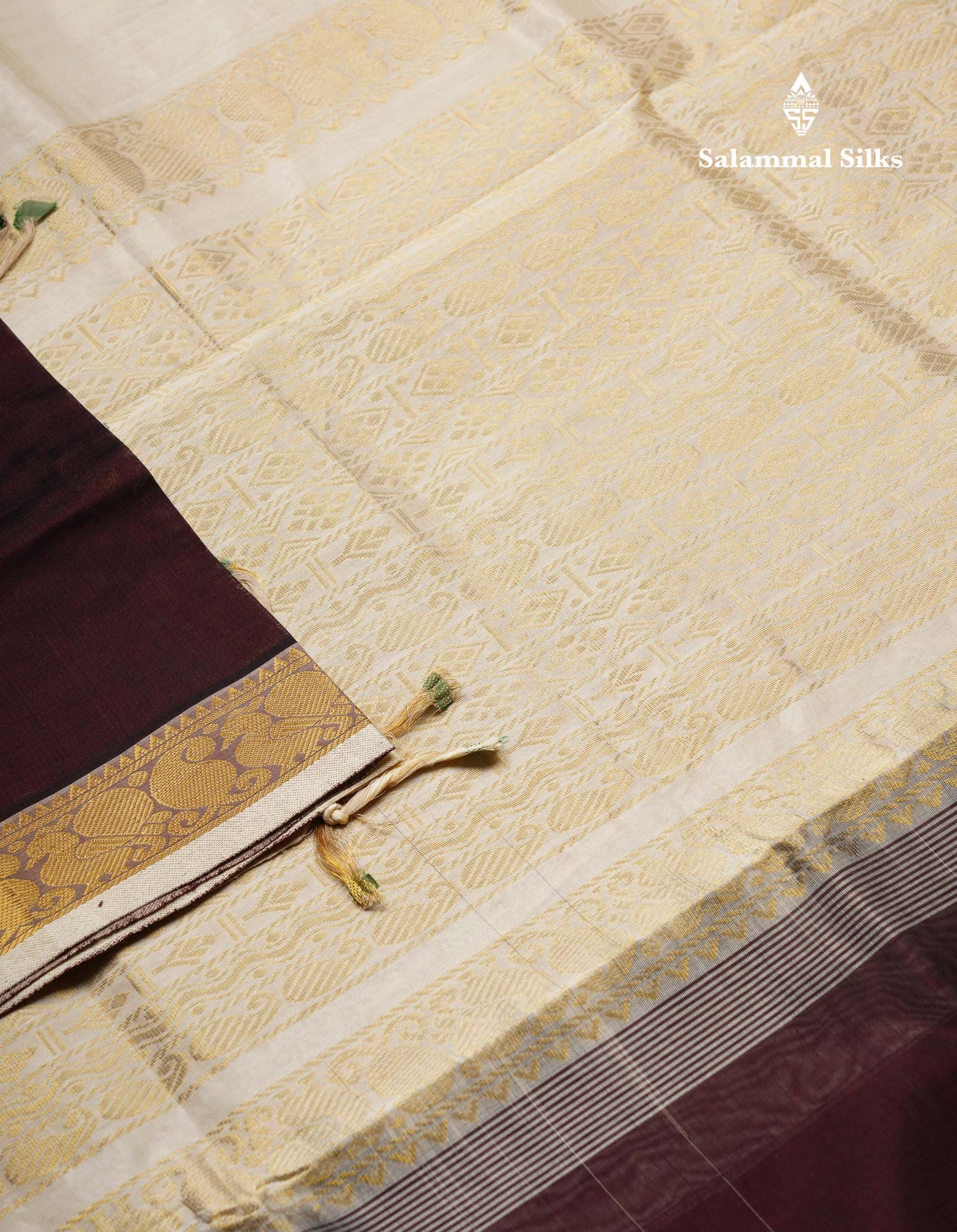 Beautiful Dark Brown Chakaram & Peacock Zari Butta Semi Silk Cotton Saree With Contrast Half White Blouse