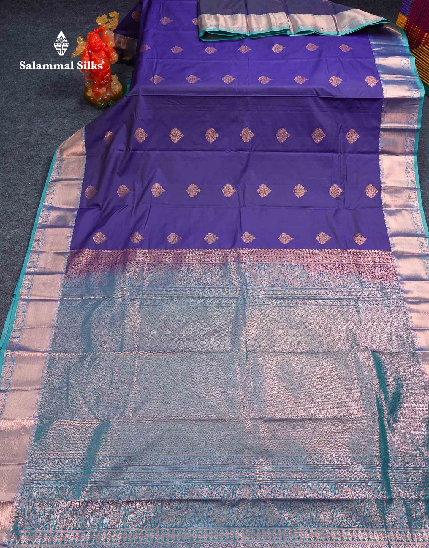 Beautiful Cream Sandal Zari Butta Semi Silk Saree With Contrast Sapphire Green Traditional Border