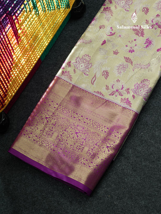 Semi Silk Pattu Pavadai (Beige) With Purple Blouse 44"