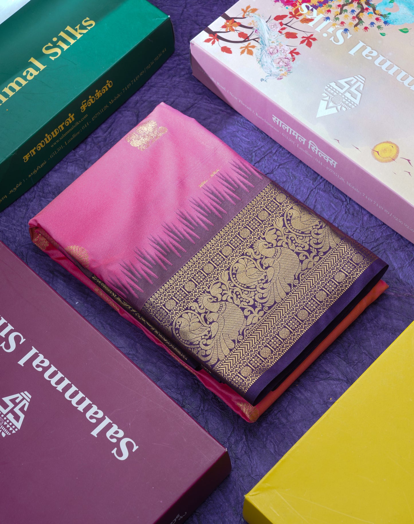 Light Pink Semi Silk Saree With Contrast Dark Purple Traditional Temple Border