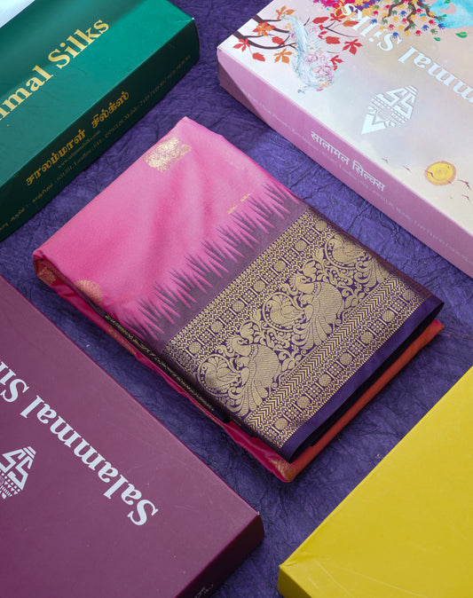 Light Pink Semi Silk Saree With Contrast Dark Purple Traditional Temple Border