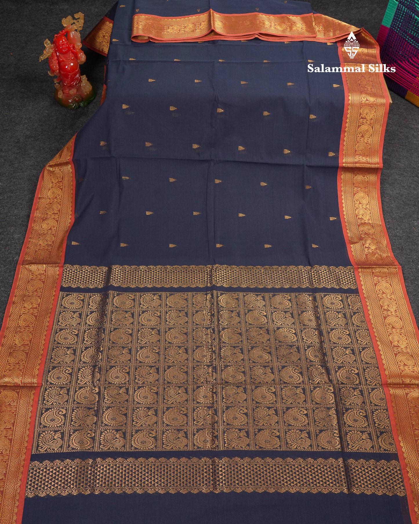 Beautiful Orange Pure Cotton Saree With Contrast Parrot Green Traditional Border