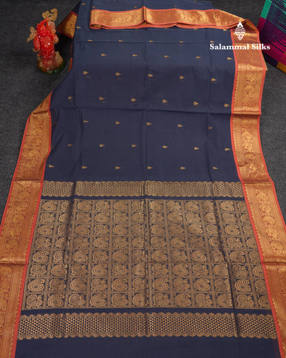 Beautiful Orange Pure Cotton Saree With Contrast Parrot Green Traditional Border