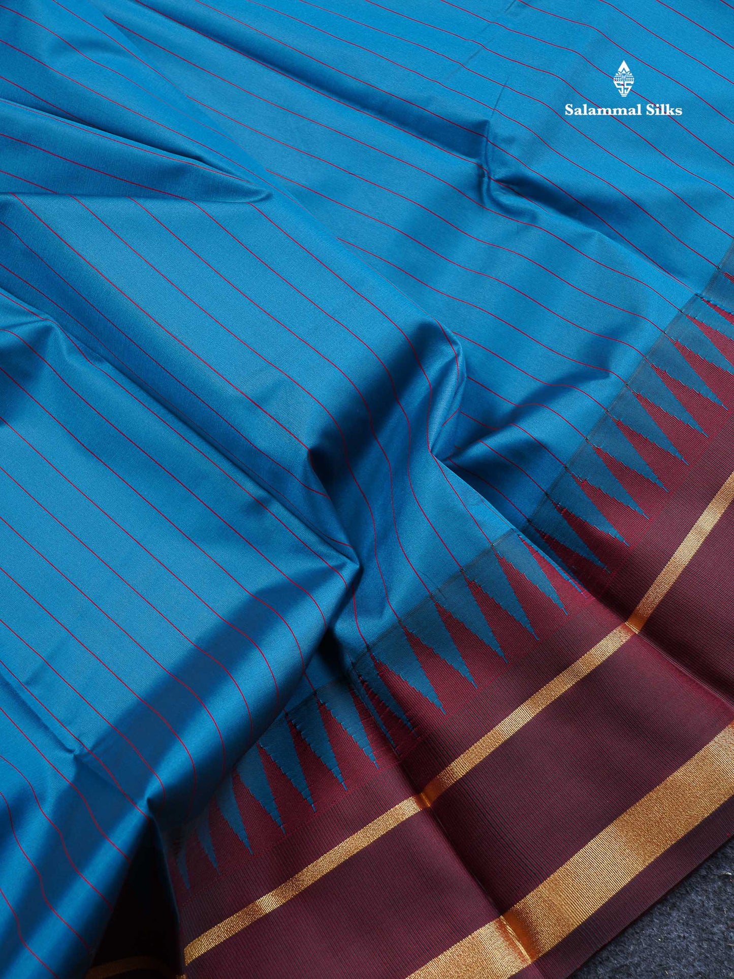 Semi Silk Saree - Peacock Blue Colour Body With Dark Maroon Traditional Border