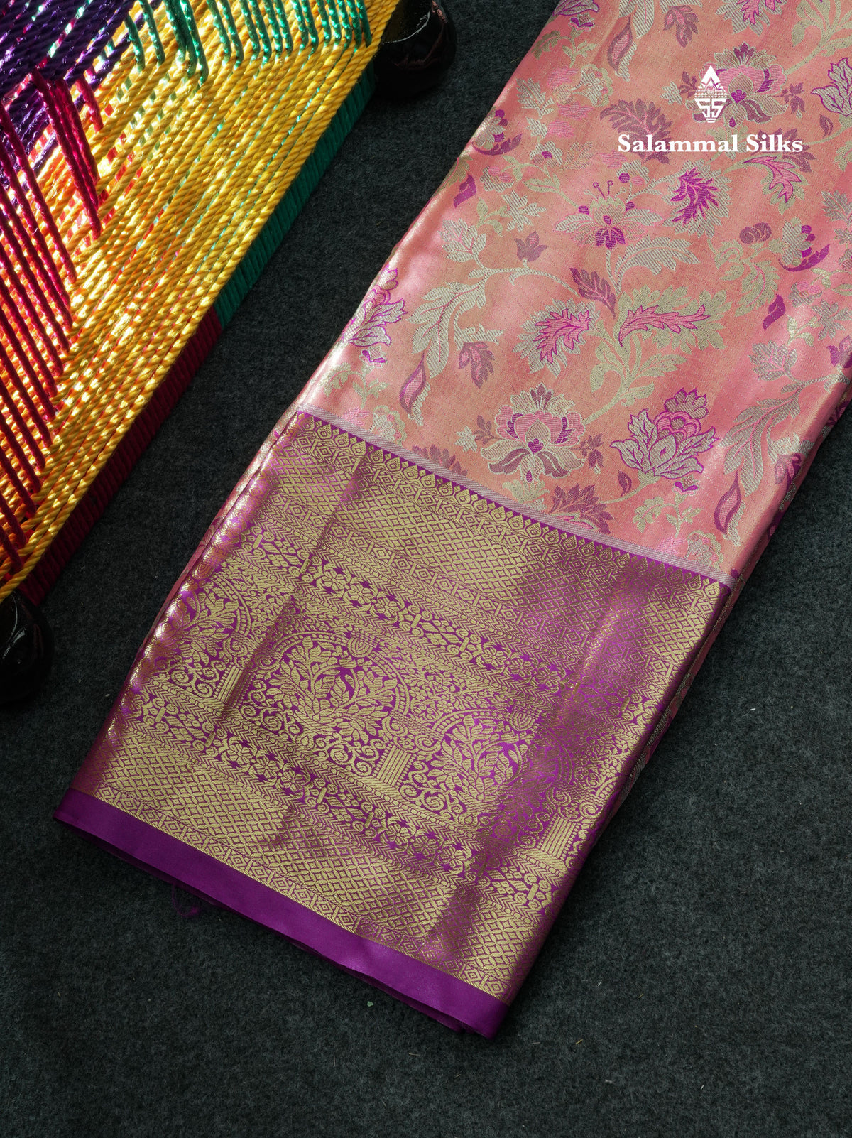 Semi Silk Pattu Pavadai (Peach Pink) With Purple Blouse 44"