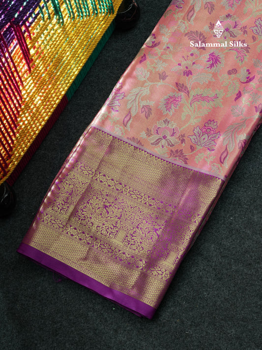 Semi Silk Pattu Pavadai (Peach Pink) With Purple Blouse 44"