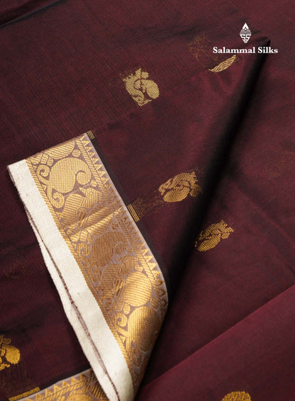 Beautiful Dark Brown Chakaram & Peacock Zari Butta Semi Silk Cotton Saree With Contrast Half White Blouse