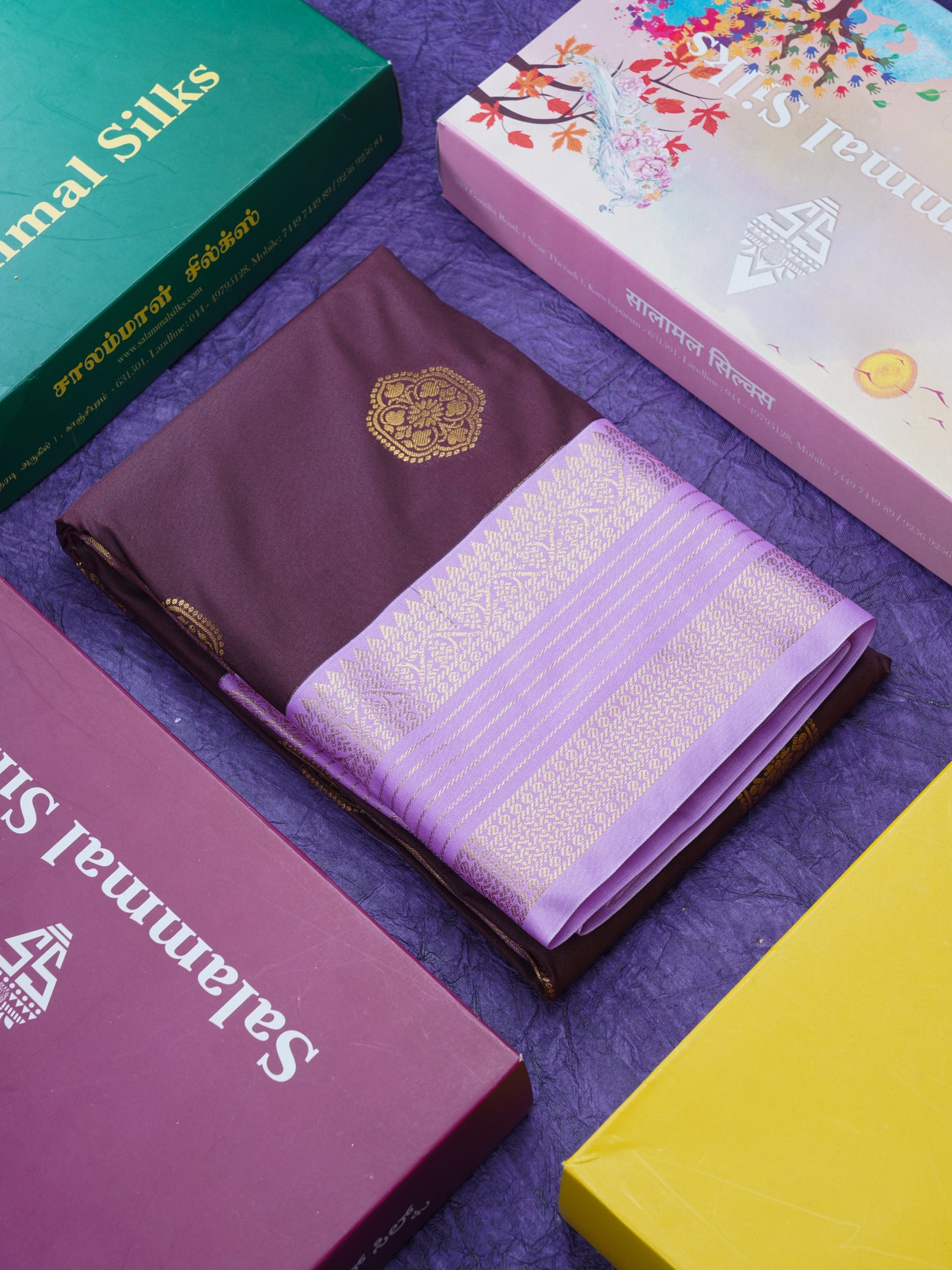 Dark Brown Semi Silk Saree With Contrast Lavender Double Border