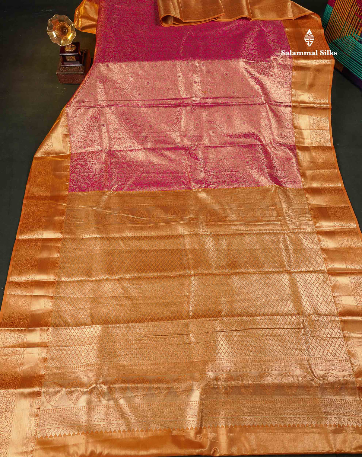 Tissue Bridal Semi Silk Saree - Pink Colour Body With Contrast Orange Border 