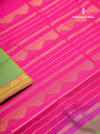 Beautiful Rexona Green Plain Semi Silk Cotton Saree With Contrast Magenta Pink Blouse