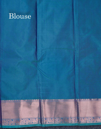 Beautiful Cream Sandal Zari Butta Semi Silk Saree With Contrast Sapphire Green Traditional Border
