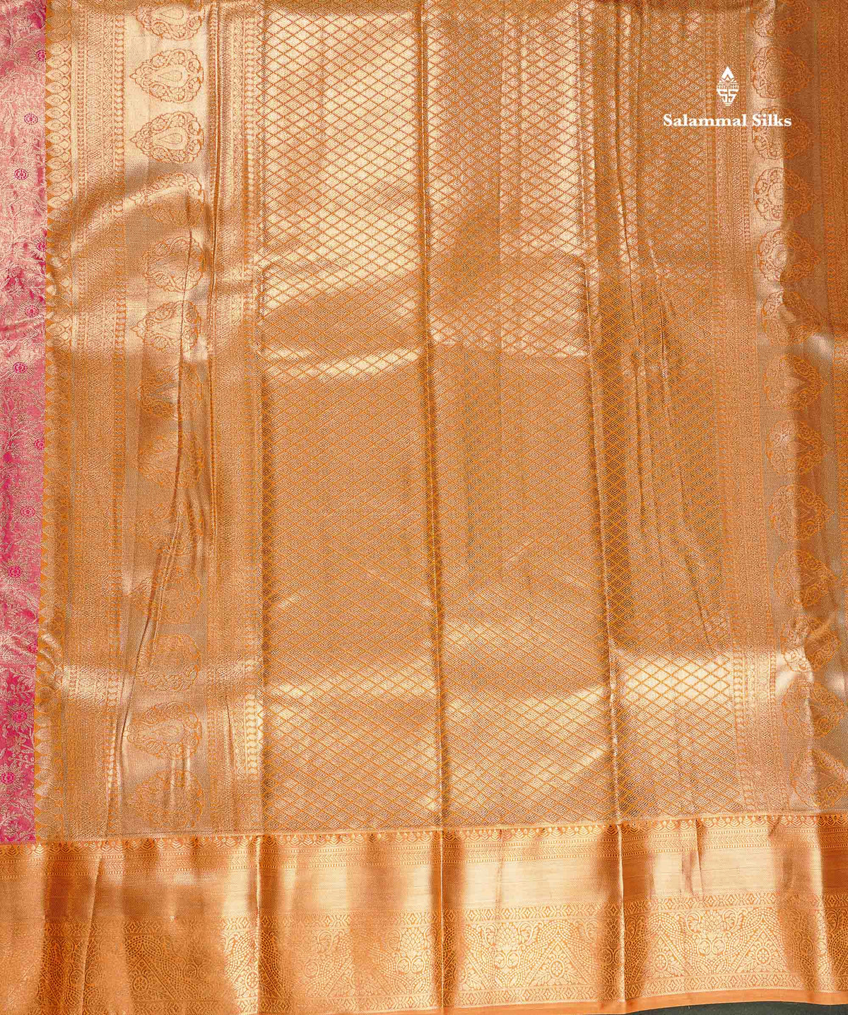 Tissue Bridal Semi Silk Saree - Pink Colour Body With Contrast Orange Border