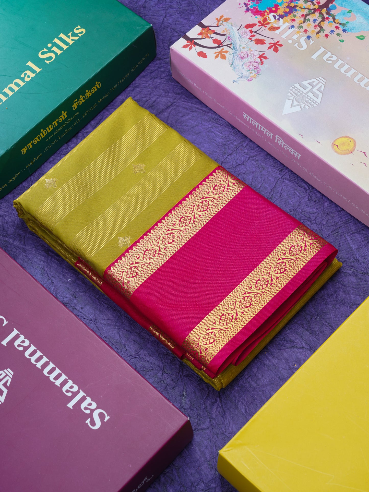 Manthulir Green Vairaoosi With Butta Semi Silk Saree With Contrast Pink Rettapet Border