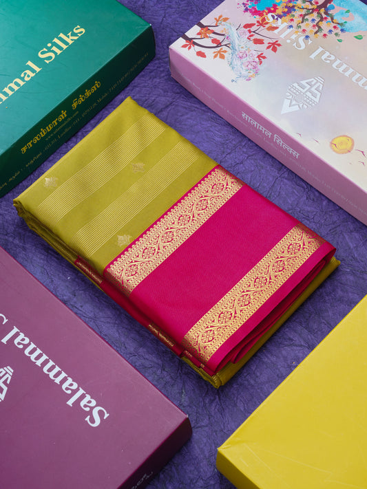 Manthulir Green Vairaoosi With Butta Semi Silk Saree With Contrast Pink Rettapet Border